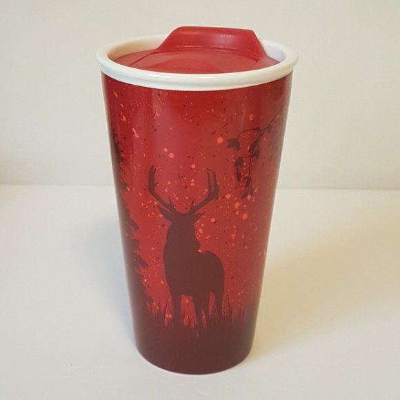 Tim Hortons 2017 Travel Mug Lidded Tumbler Deer Elk Trees Winter Holiday Red - Picture 6 of 16